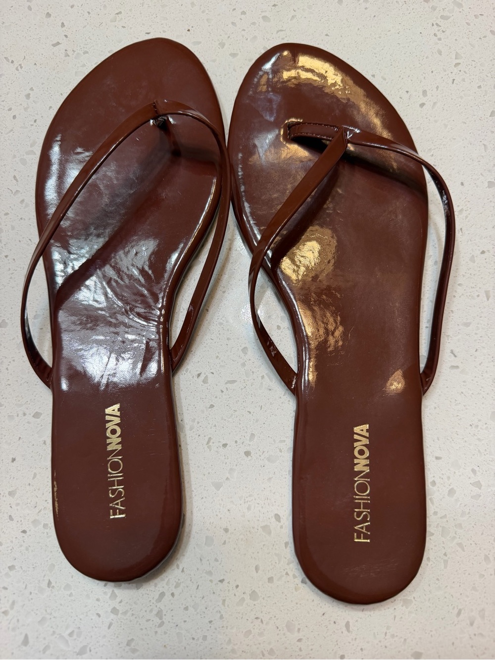 Fashion Nova Women's Brown Patent Thong Sandals